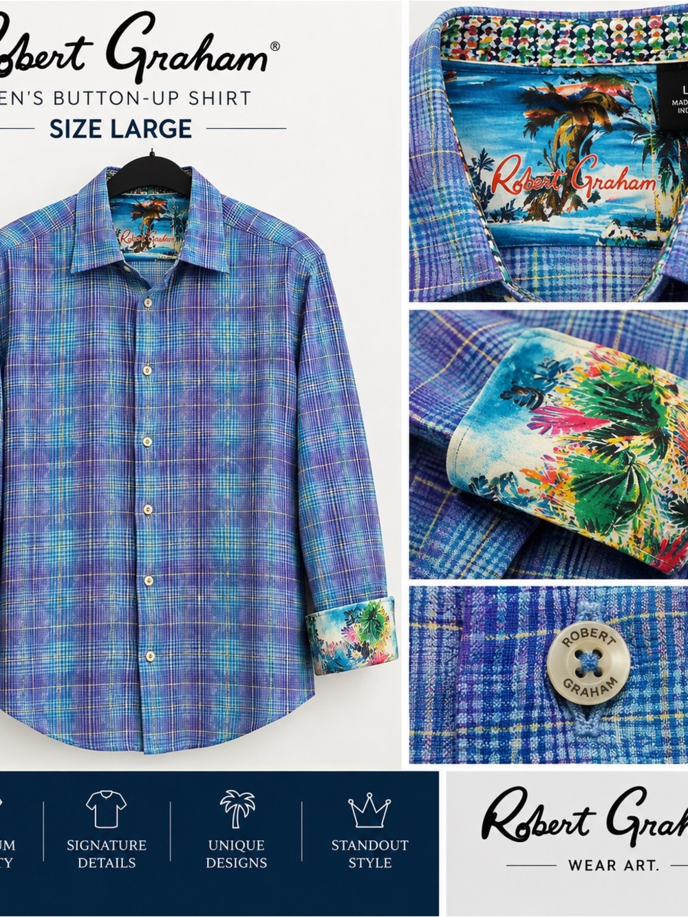 Robert Graham Purple & Blue Plaid Button-Down Shirt with Tropical Contrast